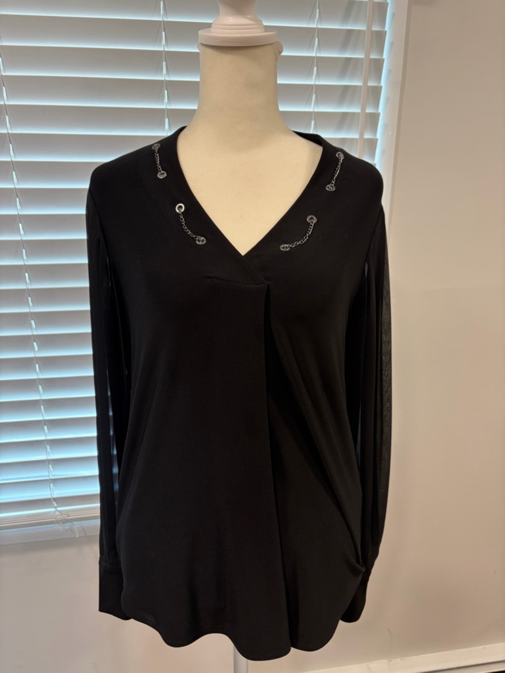 White House Black Market Black V-Neck Long Sleeve Top with Chain Eyelet Detail